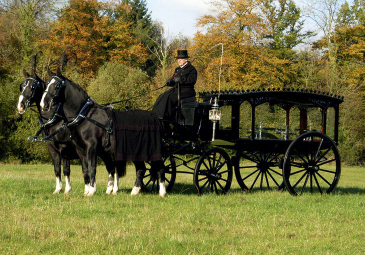 A black horse-drawn hearse pulled by a pair of black horses